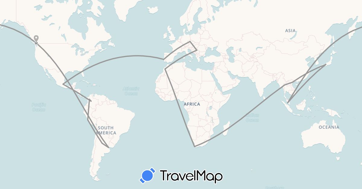 TravelMap itinerary: driving, plane in Argentina, Canada, Colombia, Czech Republic, Croatia, Japan, Morocco, Mexico, Malaysia, Peru, Portugal, Serbia, Thailand, Vietnam, South Africa (Africa, Asia, Europe, North America, South America)